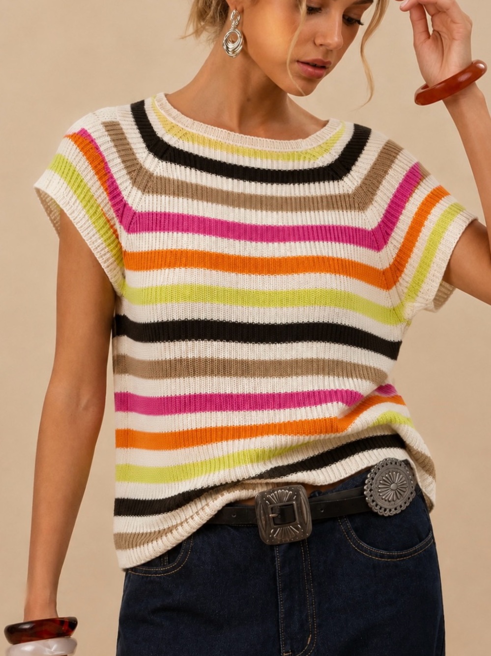 LOFT Short-Sleeve Striped Knit Top in White, Pink, Orange & Yellow